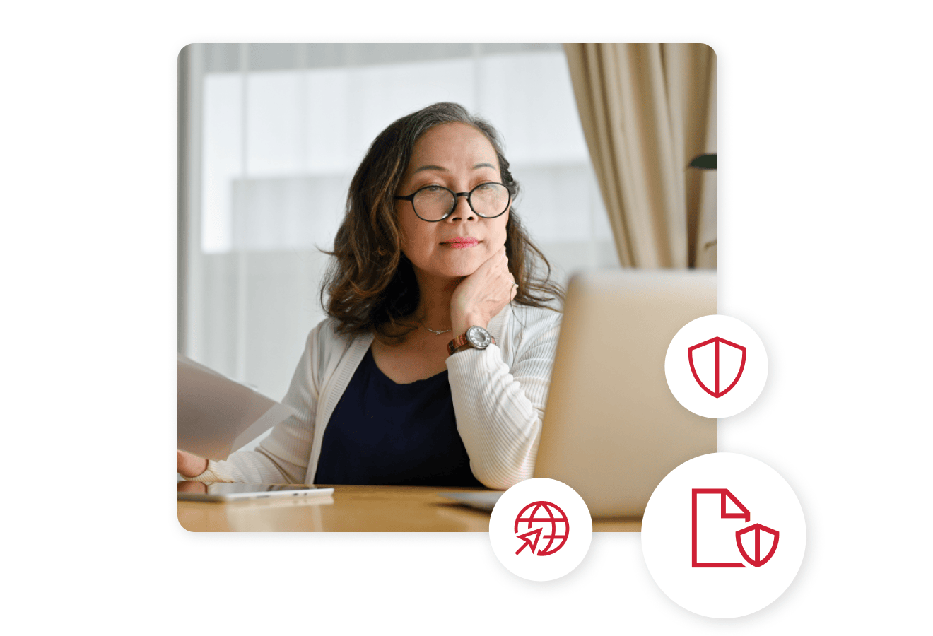 Data and Analytics for Better Decision-Making Hero Woman with glasses looking at her laptop with security, browser, and page icons surrounding