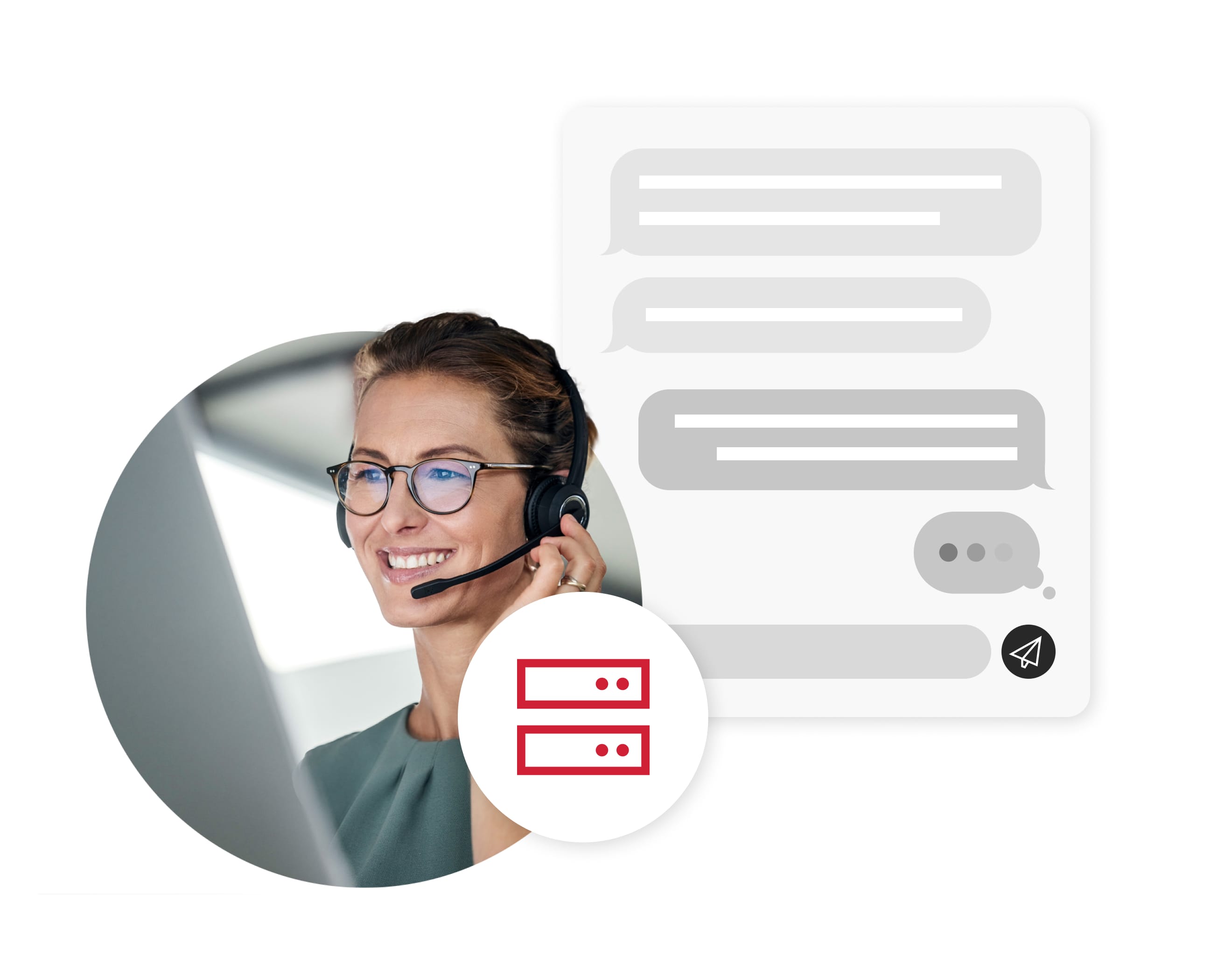 UX Solutions - Managed Services Customer support worker with handsfree mic working on computer next to chat box bubble
